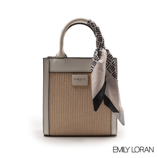 WOVEN STRAW HANDBAG LEATHER ACCENTS WITH SCARF -SMALL