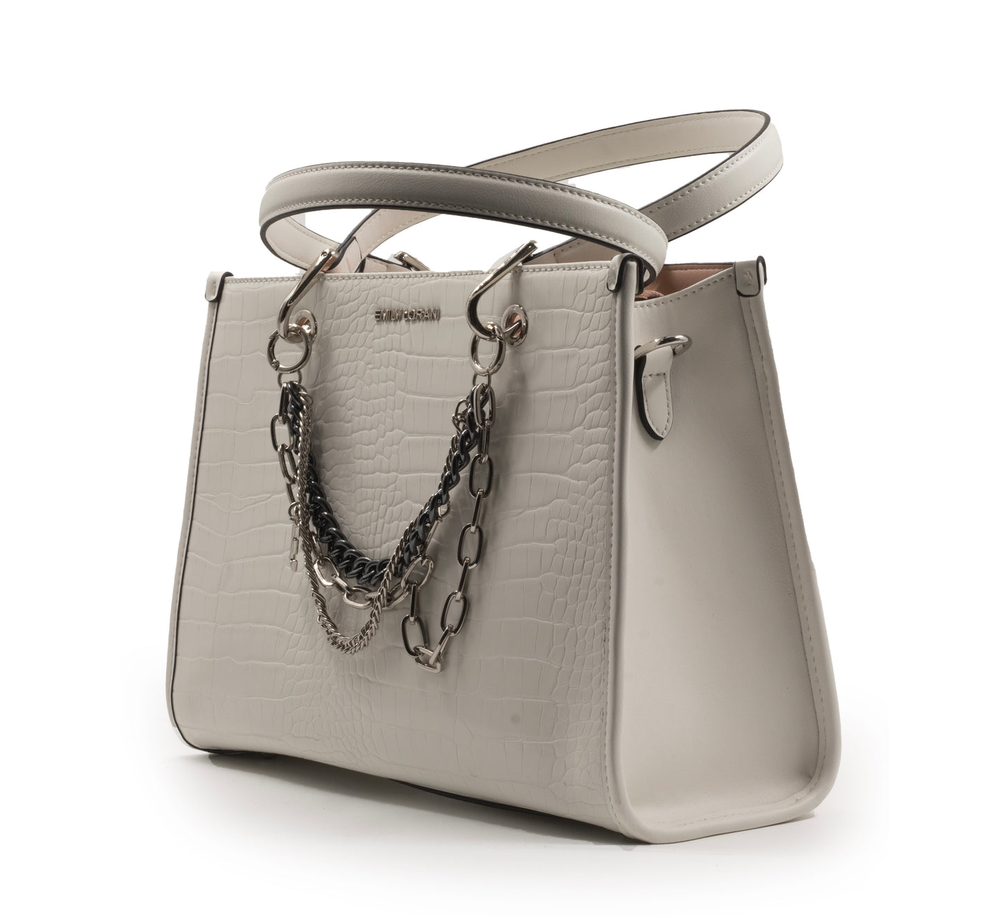WHITE SHINY LEATHER HANDBAG WITH METAL CHAIN-LARGE