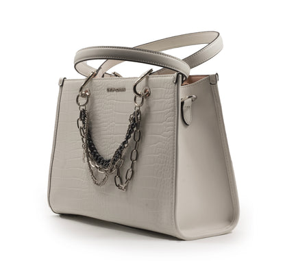 WHITE SHINY LEATHER HANDBAG WITH METAL CHAIN-LARGE