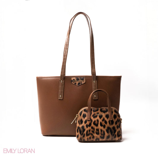 LEOPARD-PRINT LEATHER SHOULDERS BAG WITH A SMALL BAG - LARGE