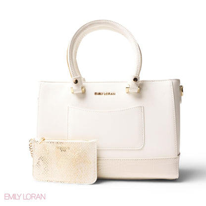 WHITE LEATHER SMOOTH HANDBAG WITH CROC DETAILS -LARGE