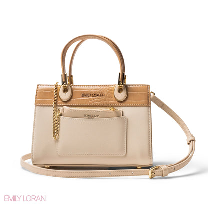 BEIGE LEATHER SMOOTH HANDBAG WITH CROC DETAILS-MED