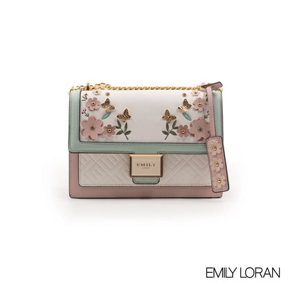 LEATHER CROSSBODY BAG WITH FLORAL , BUTTERFLY EMBROIDERY -MED