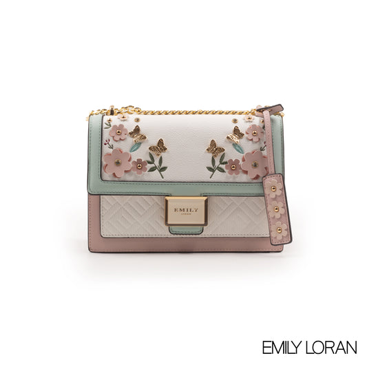 LEATHER CROSSBODY BAG WITH FLORAL , BUTTERFLY EMBROIDERY -MED