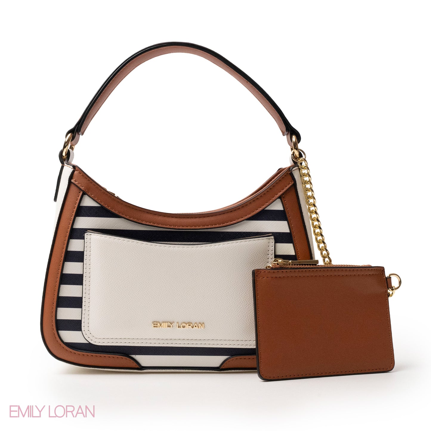 STRIPED NAVY LEATHER HANDBAG WITH METAL CHAIN -SMALL