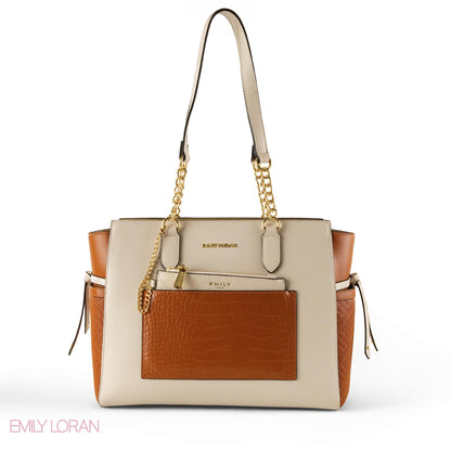 CREAMY LEATHER SHOULDER BAG WITH CROC ACCENTS - LARGE