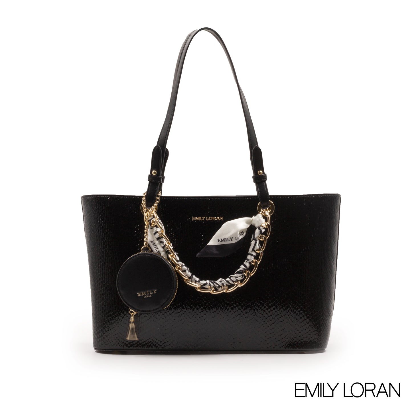 SMOOTH METALLIC BLACK HANDBAG WITH SATIN SCARF-LARGE