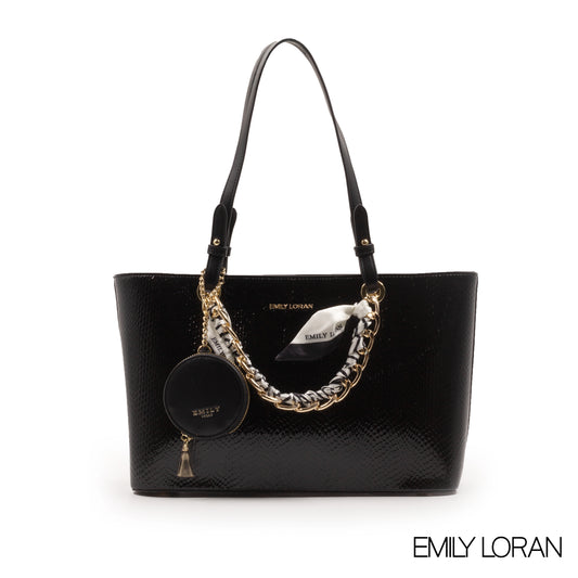 SMOOTH METALLIC BLACK HANDBAG WITH SATIN SCARF-LARGE