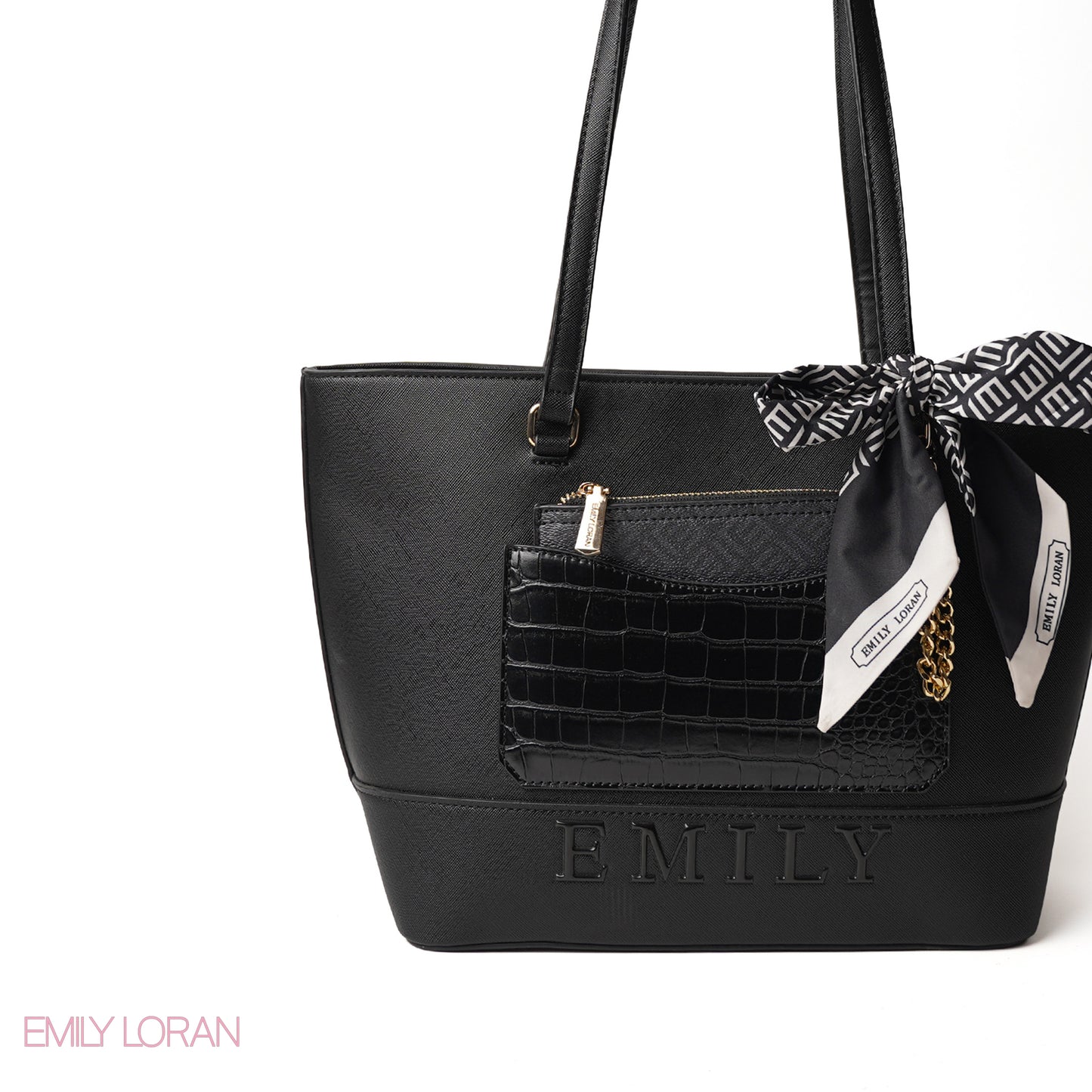 BLACK LEATHER SHOULDERS BAG WITH LOGO EMILY ACCENT, SCARF - LARGE