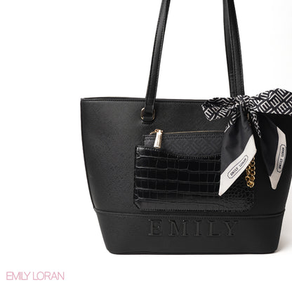 BLACK LEATHER SHOULDERS BAG WITH LOGO EMILY ACCENT, SCARF - LARGE