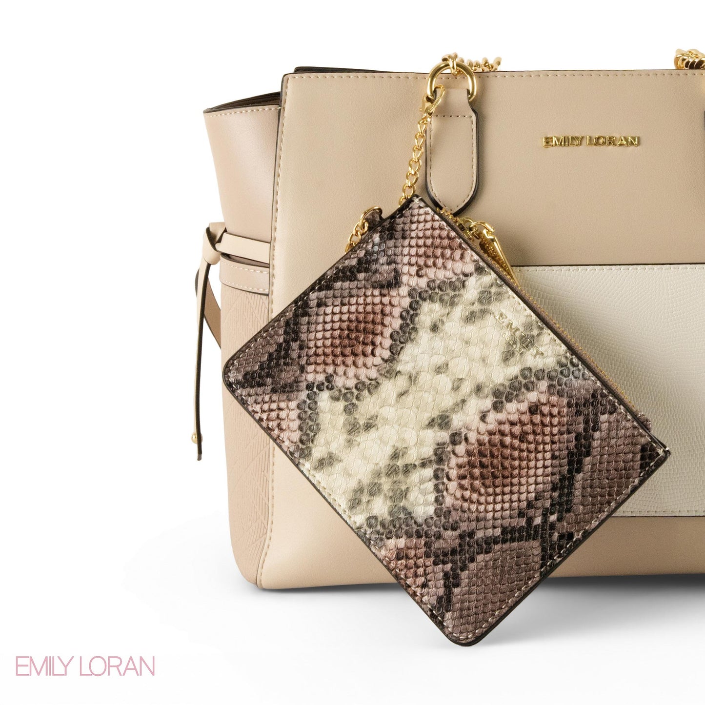 BEIGE LEATHER SHOULDER BAG WITH SNAKE ACCENTS - LARGE