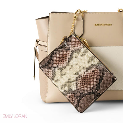 BEIGE LEATHER SHOULDER BAG WITH SNAKE ACCENTS - LARGE