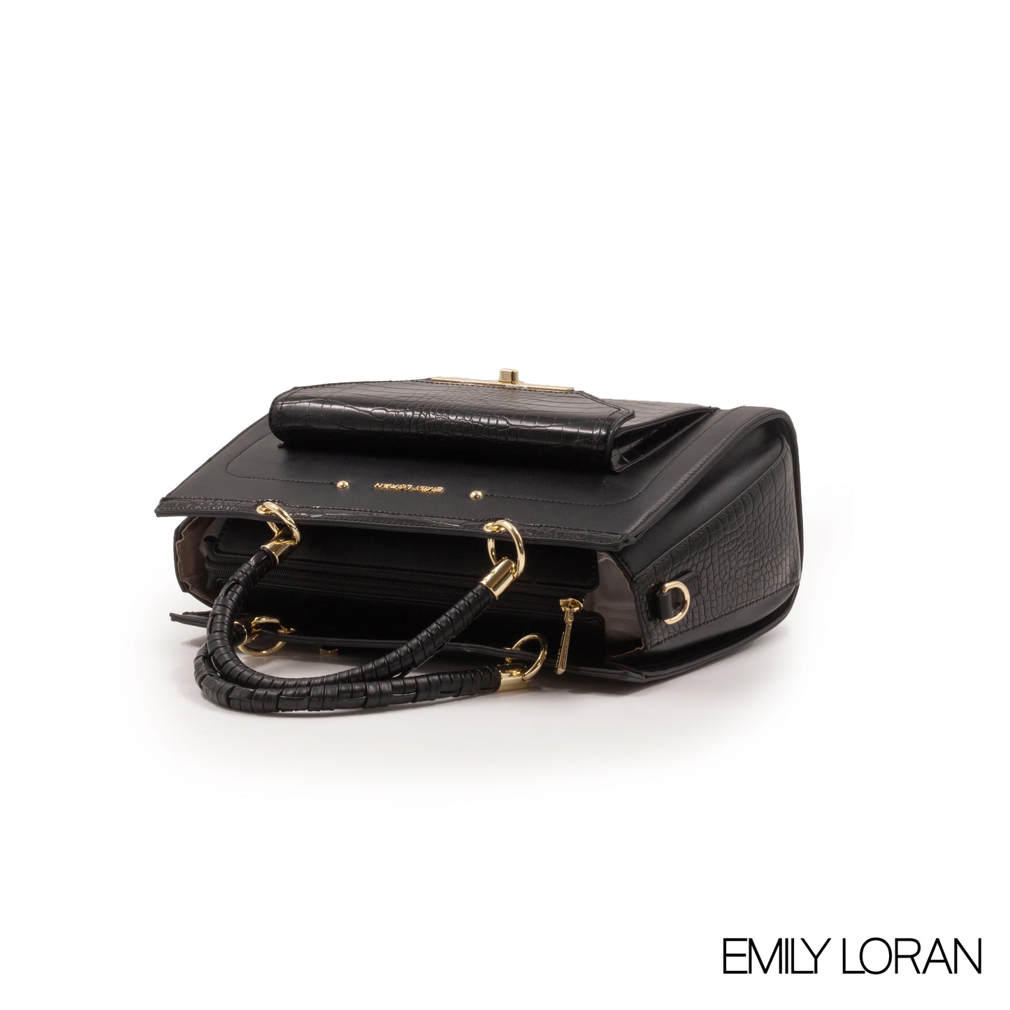 BLACK LEATHER HANDBAG WITH CROC ACCENT -LARGE