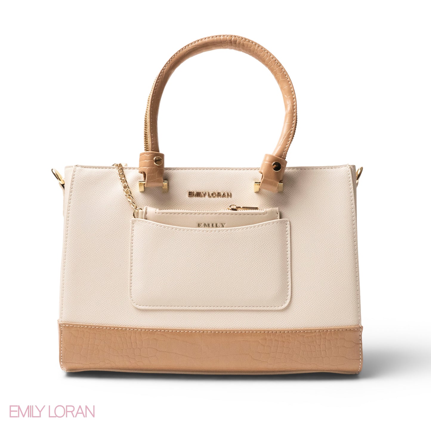 BEIGE LEATHER SMOOTH HANDBAG WITH CROC DETAILS -LARGE