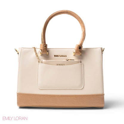 BEIGE LEATHER SMOOTH HANDBAG WITH CROC DETAILS -LARGE