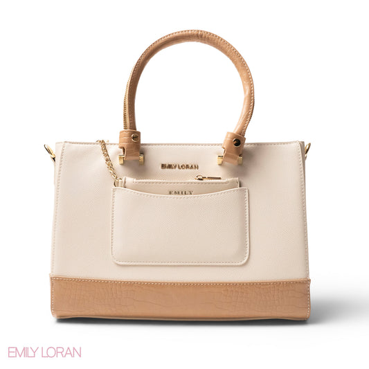 BEIGE LEATHER SMOOTH HANDBAG WITH CROC DETAILS -LARGE