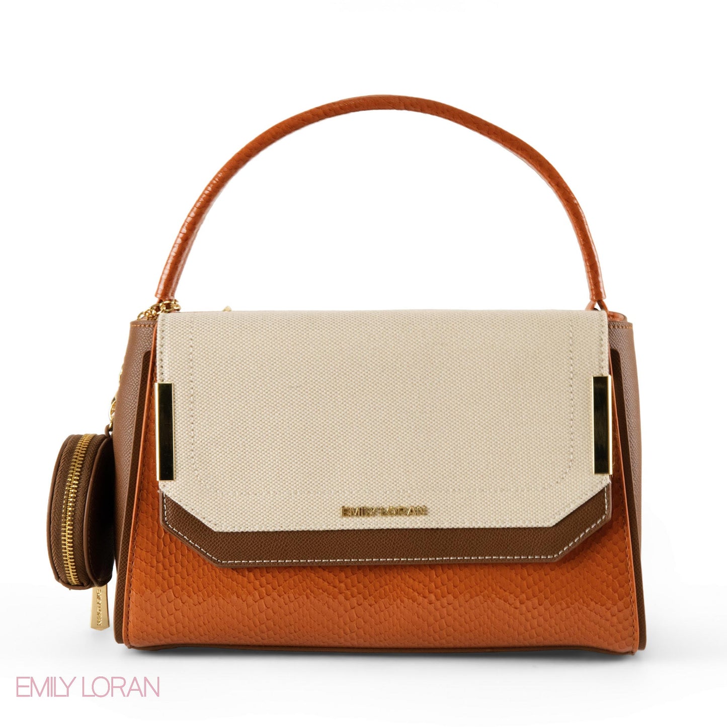 SMOOTH LEATHER HANDBAG WITH DETAIL SNAKE CAMEL METALLIC- MED
