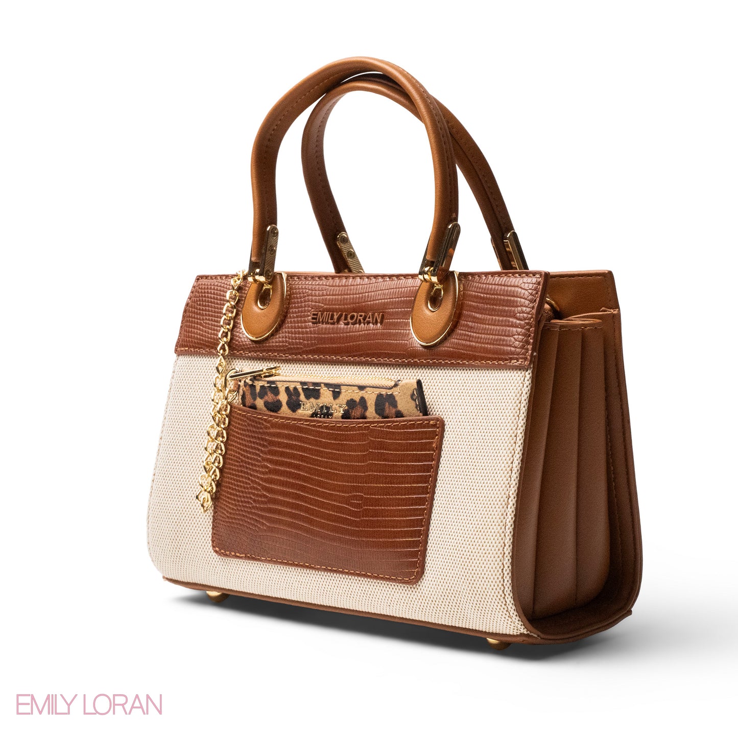 BROWN LEATHER SMOOTH HANDBAG WITH CROC DETAILS-MED