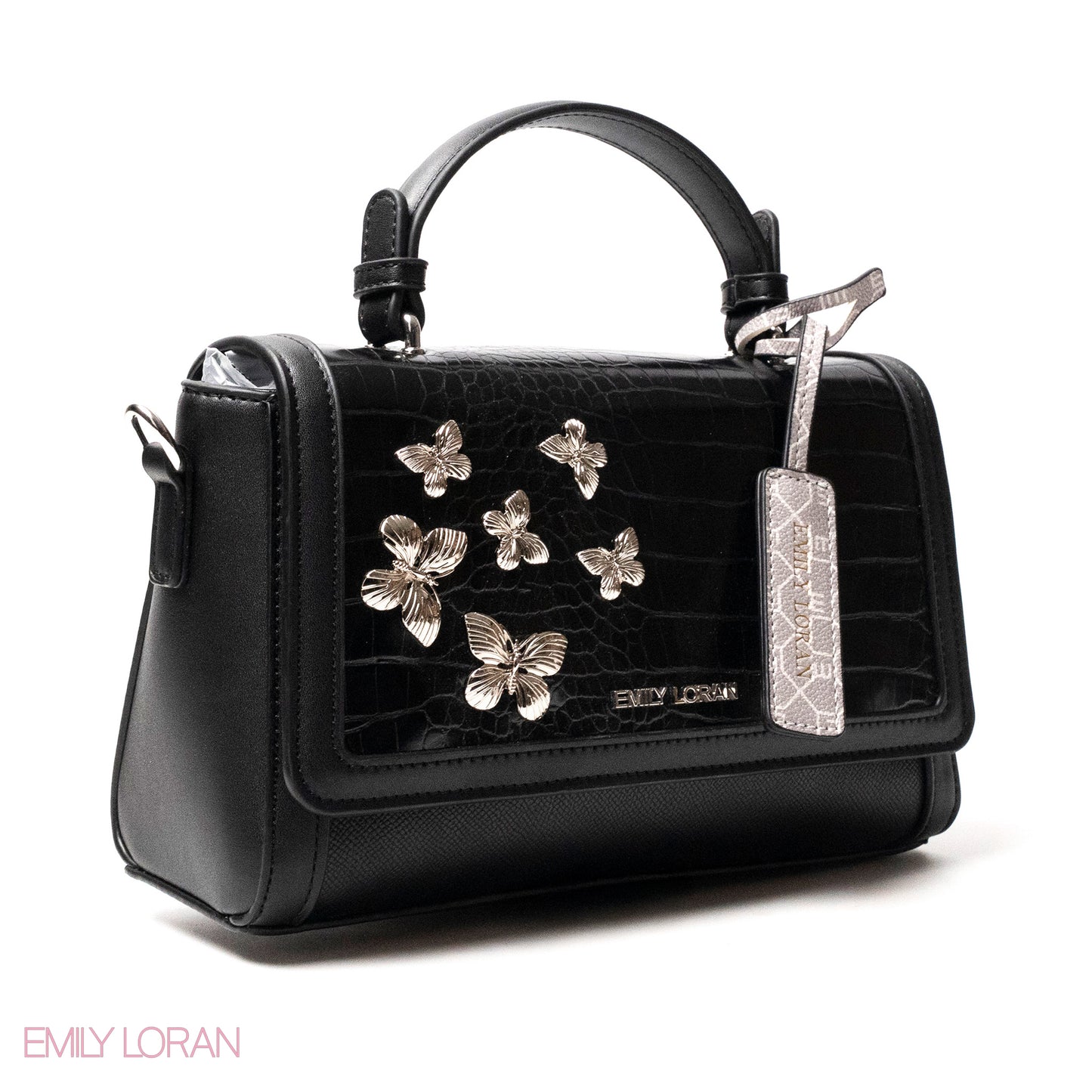 BLACK LEATHER HANDBAG WITH CROC,BUTTERFLIES DETAILS-MED