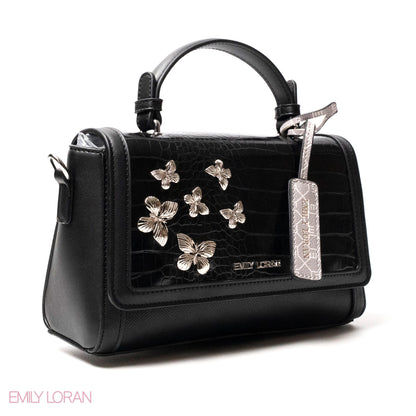 BLACK LEATHER HANDBAG WITH CROC,BUTTERFLIES DETAILS-MED