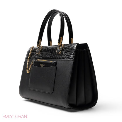 BLACK LEATHER SMOOTH HANDBAG WITH CROC DETAILS-LARGE