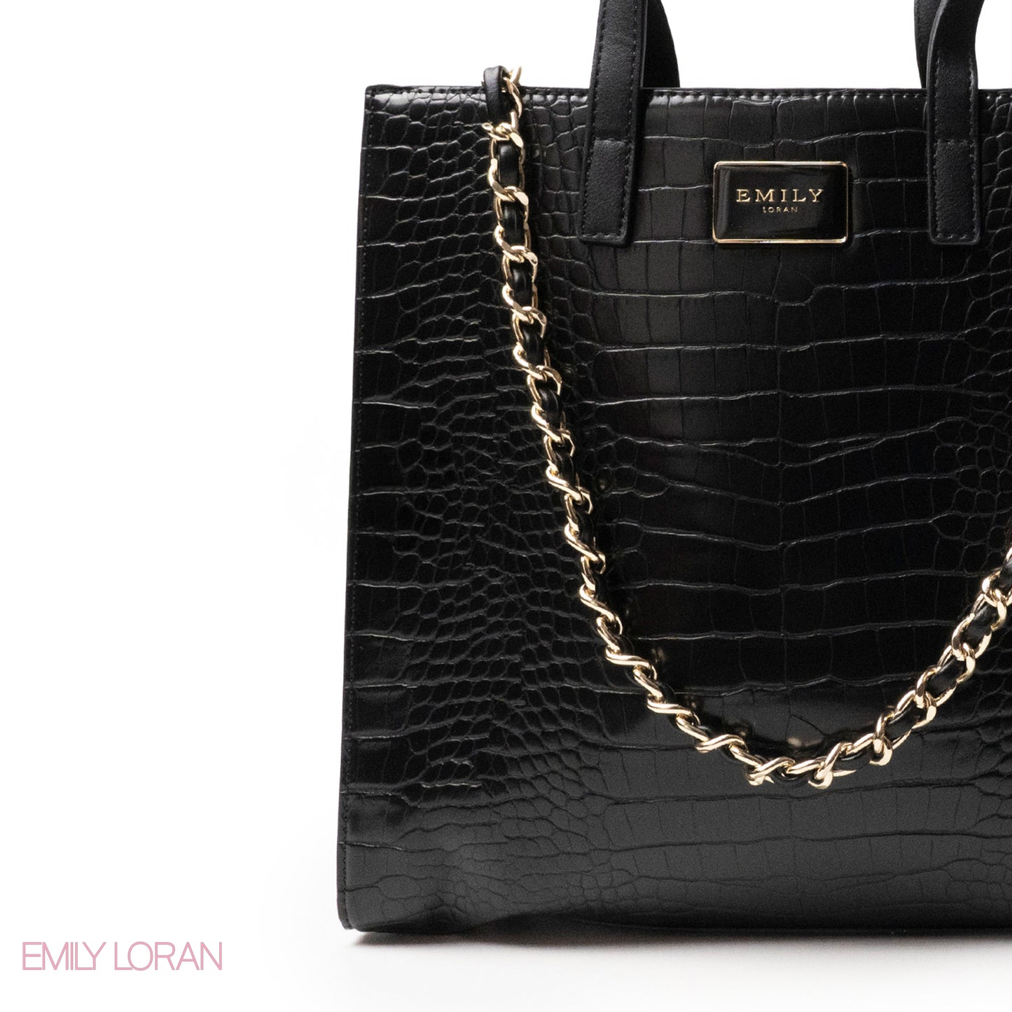 BLACK CROCODILE LEATHER HANDBAG WITH METAL CHAIN - LARGE