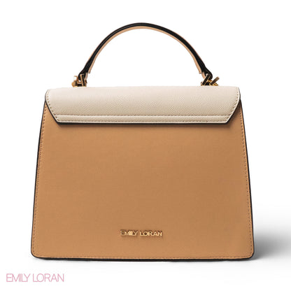 BEIGE LEATHER HANDBAG WITH METAL CHAIN ACCENTS-MED