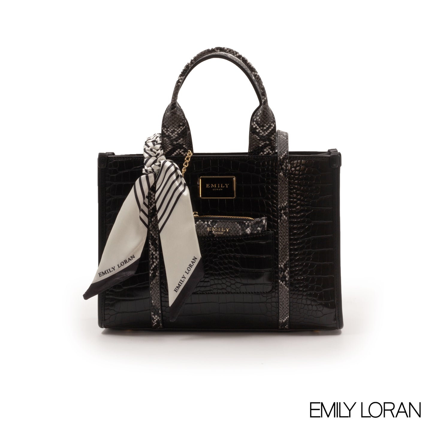 SMOOTH BLACK CROC LEATHER HANDBAG WITH SCARF-MED