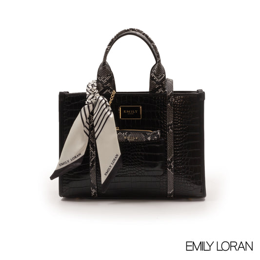 SMOOTH BLACK CROC LEATHER HANDBAG WITH SCARF-MED