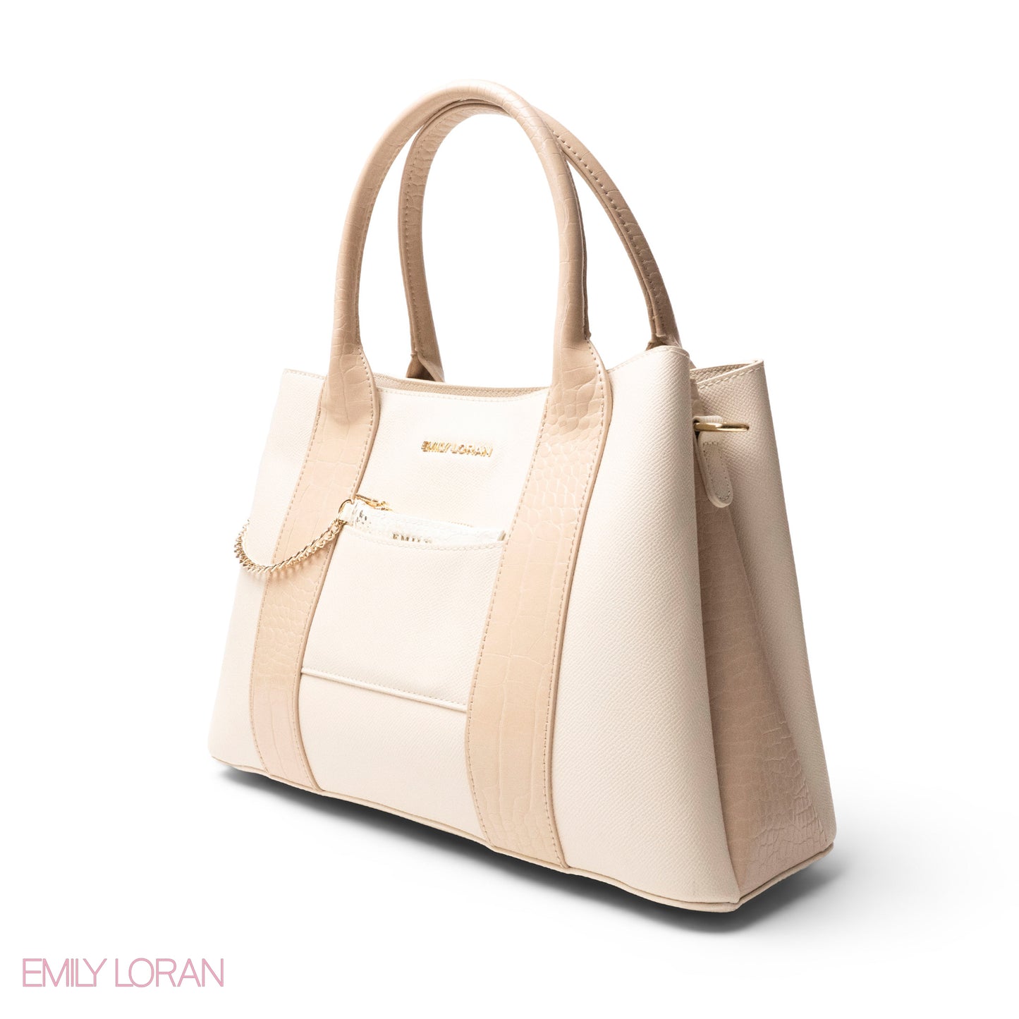 BEIGE SMOOTH LEATHER HANDBAG WITH CROC DESIGN -LARGE