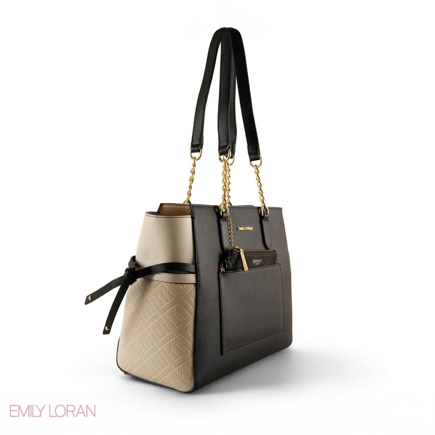 BLACK LEATHER SHOULDER BAG WITH OFF WHITE ACCENTS- LARGE