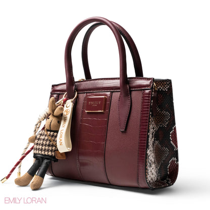 MAROON SMOOTH LEATHER HANDBAG WITH ACCESSORIES -MED