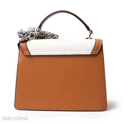 SREIPED NAVY LEATHER HANDBAG WITH EMILY LORAN SCARF - MED