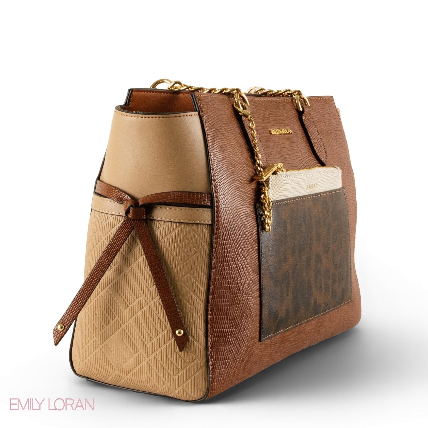 BROWN LEATHER SHOULDER BAG WITH LEOPARD ACCENTS- LARGE