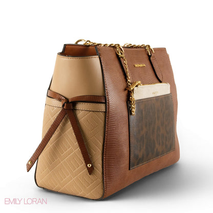 BROWN LEATHER SHOULDER BAG WITH LEOPARD ACCENTS- LARGE