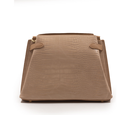 BEIGE LEATHER HANDBAG WITH CROC DETAILS TOUCH -MED