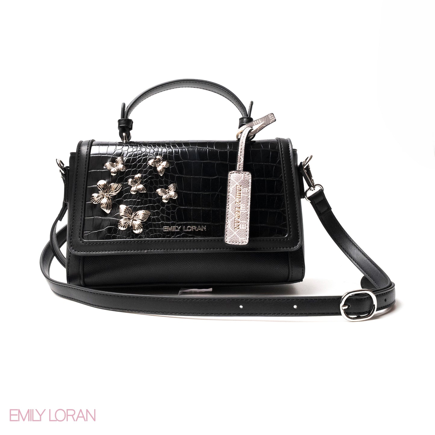 BLACK LEATHER HANDBAG WITH CROC,BUTTERFLIES DETAILS-MED