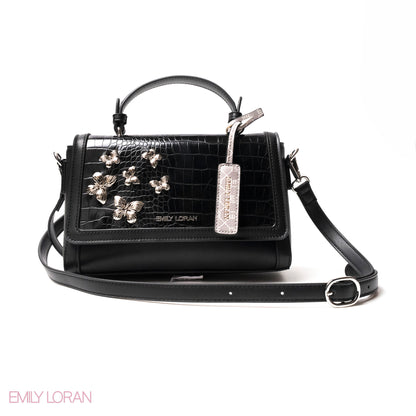 BLACK LEATHER HANDBAG WITH CROC,BUTTERFLIES DETAILS-MED