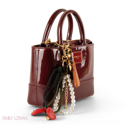 MAROON GLOSSY LEATHER HANDBAG WITH ACCESSORIES- SMALL