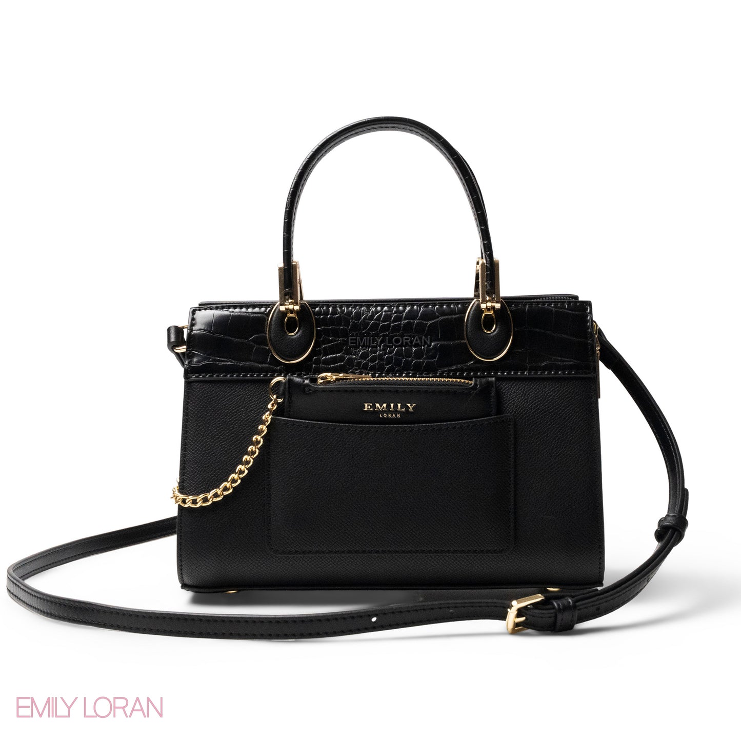 BLACK LEATHER SMOOTH HANDBAG WITH CROC DETAILS-MED