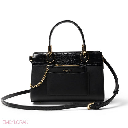 BLACK LEATHER SMOOTH HANDBAG WITH CROC DETAILS-MED