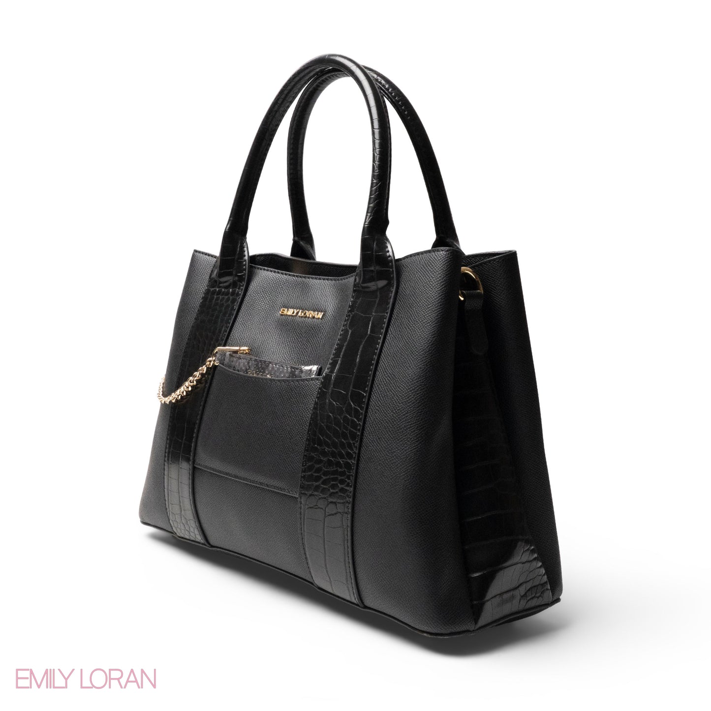 BLACK SMOOTH LEATHER HANDBAG WITH CROC DESIGN -LARGE