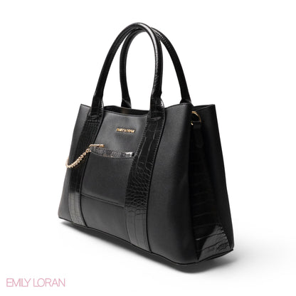 BLACK SMOOTH LEATHER HANDBAG WITH CROC DESIGN -LARGE