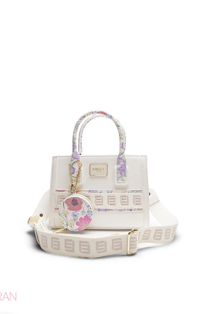 WHITE EMILY FLORAL ACCENT TOTE BAG WITH LOGO STRAP - MED