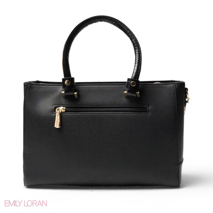 BLACK LEATHER SMOOTH HANDBAG WITH CROC DETAILS -LARGE