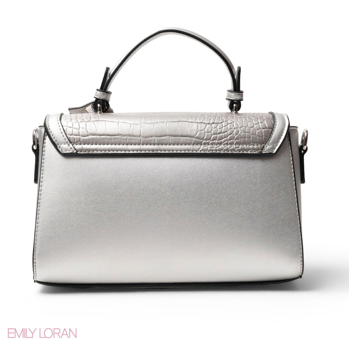 SILVER LEATHER HANDBAG WITH CROC,BUTTERFLIES DETAILS-MED