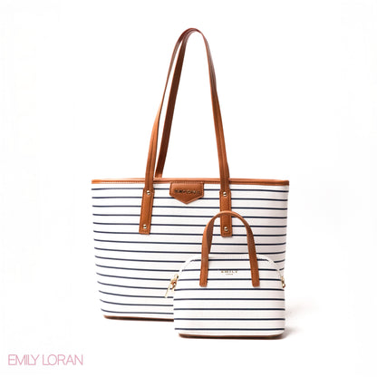 STRIPED NAVY-PRINT LEATHER SHOULDERS BAG WITH A SMALL BAG - LARGE