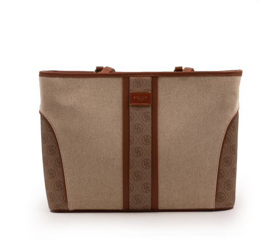 BROWN LEATHER EMILY LORAN WITH PATTERNED TRIM-LARGE