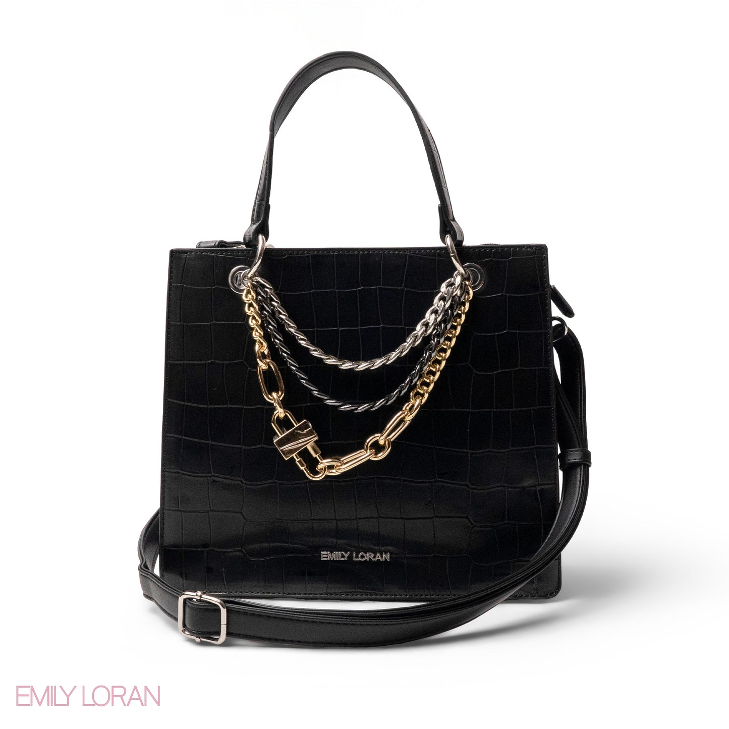 BLACK LEATHER HANDBAG WITH METAL CHAIN ACCENTS - MED