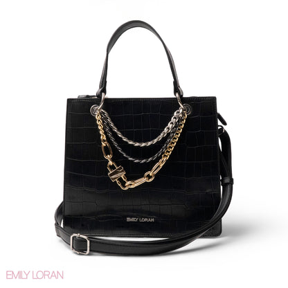 BLACK LEATHER HANDBAG WITH METAL CHAIN ACCENTS - MED